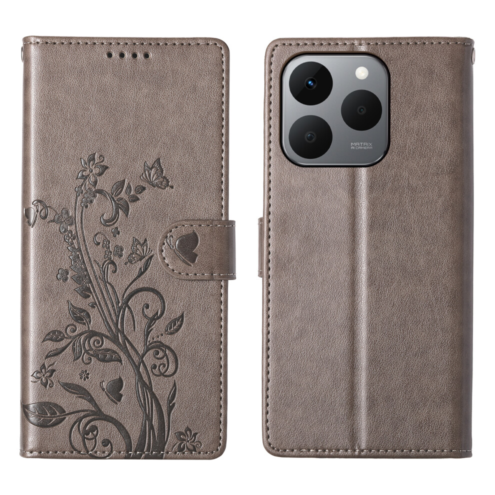 (Grey) For Realme 15T 5G Wallet Case Butterfly Floral Imprint Pu Leather Phone Cover With Wrist Strap Grey 6914290514618