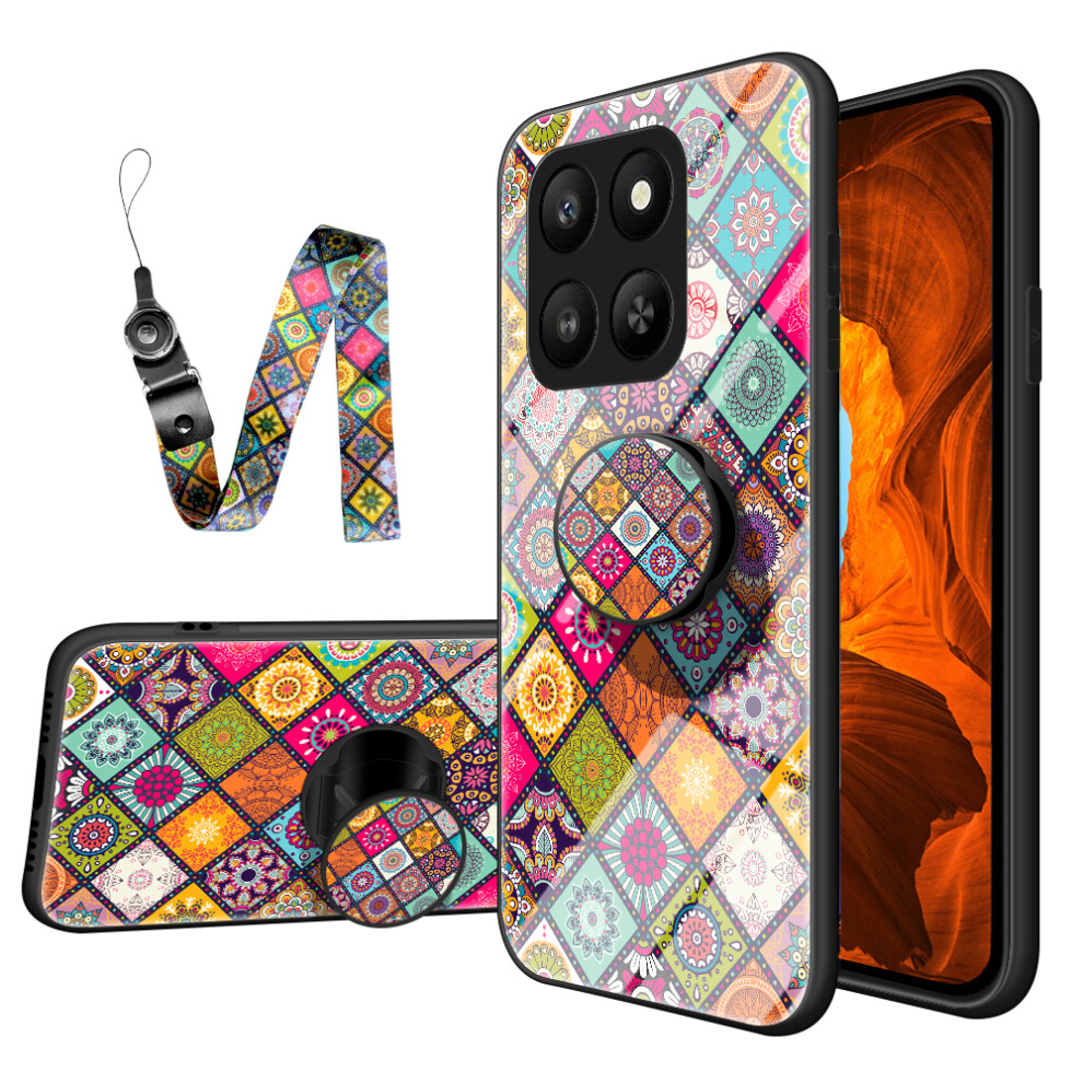 (Color Pattern) For Honor 400 Smart 5G / X7d 4G Case Kickstand Ethnic Pattern Tempered Glass Phone Cover With Strap 6914295993074