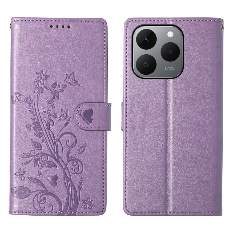 (Purple) For Realme 15T 5G Wallet Case Butterfly Floral Imprint Pu Leather Phone Cover With Wrist Strap Purple 6914298524947