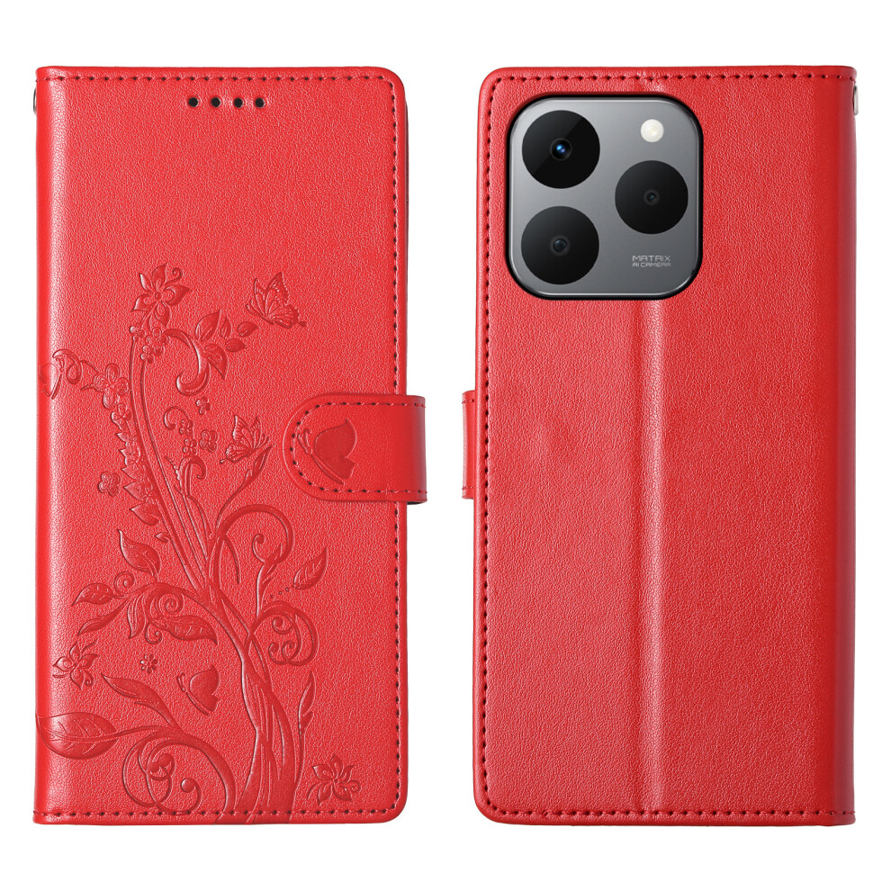 (Red) For Realme 15T 5G Wallet Case Butterfly Floral Imprint Pu Leather Phone Cover With Wrist Strap Red 6914292531163