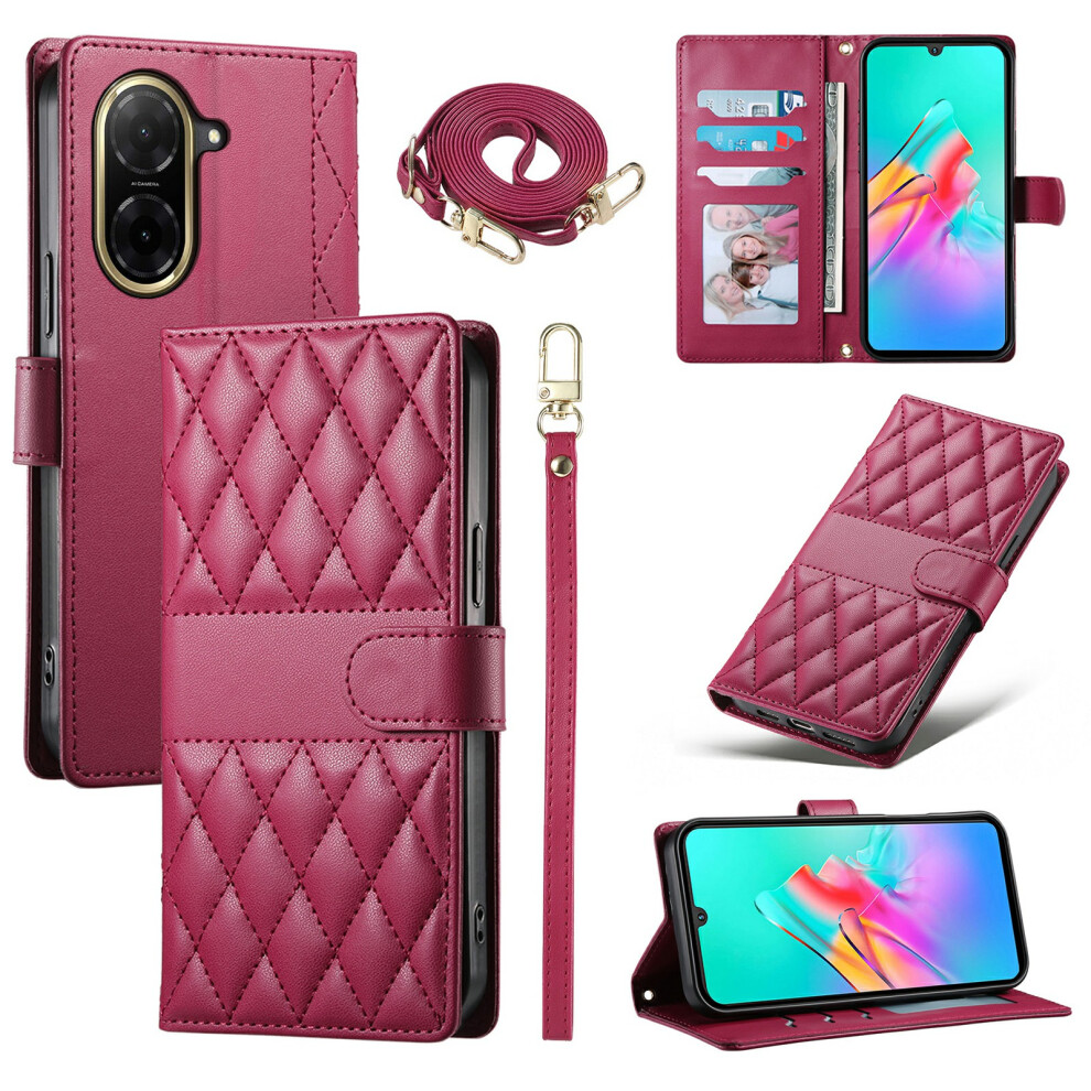 (Red) For Xiaomi Mi A5 Nfc (Eu) (173.45Mm) Wallet Case Rhombus Stitching Stand Leather Phone Cover With Long / Short Strap Red 6914291788551