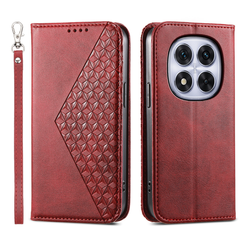 (Red) For Xiaomi Poco M8 Pro 5G / Mi Note 15 Pro+ 5G (Global) Case Calf Texture Pu Leather Wallet Phone Cover With Wrist Strap Red 6914293812278