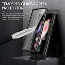 Funda de cuero compatible con Samsung Galaxy Z Fold3 con soporte para S Pen y protector de pantalla frontal, color negro carbón.