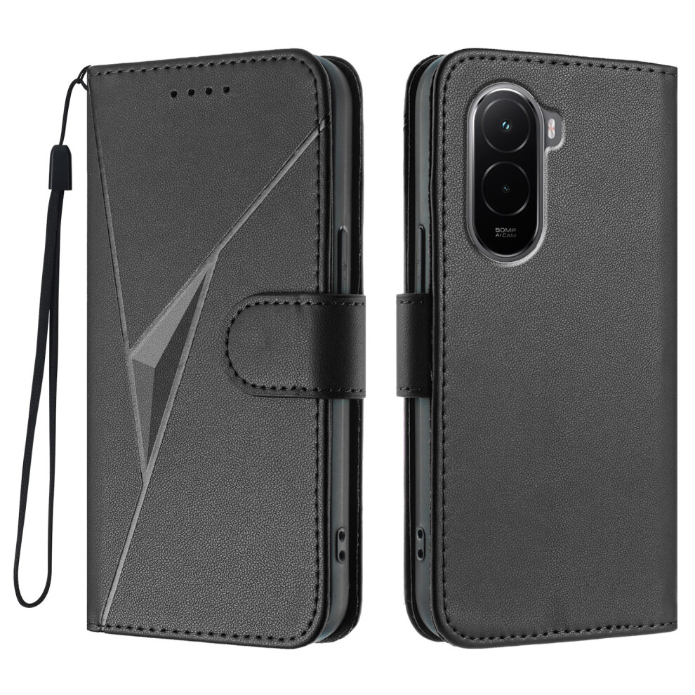 (Black) For Xiaomi Poco M7 4G (169Mm) Case Triangle Imprint Leather Phone Cover With Lanyard Black 6914297620053