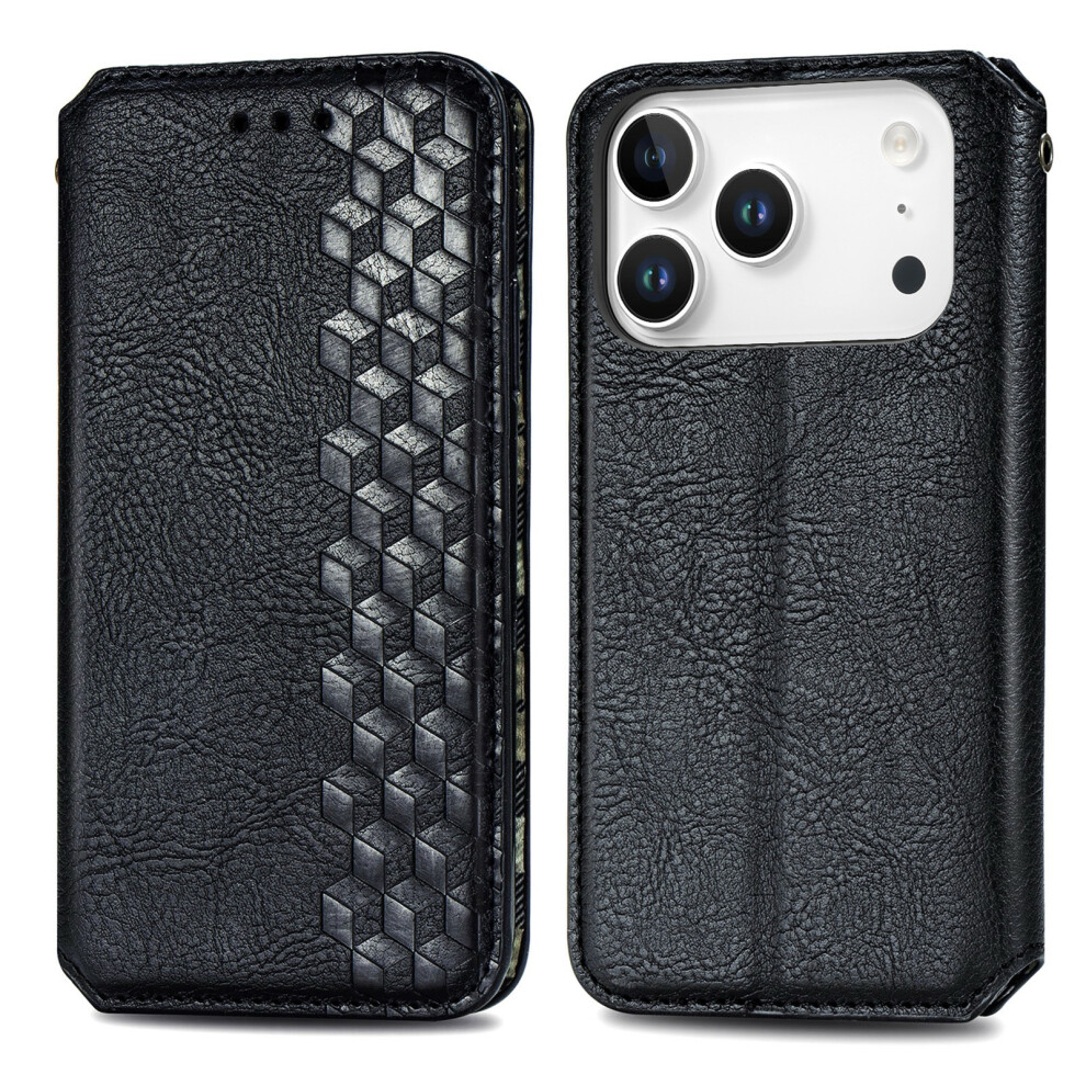 (Black) For Iphone 17 Pro Case Rhombus Imprint Pu Leather Wallet Phone Cover Black 6914292139345