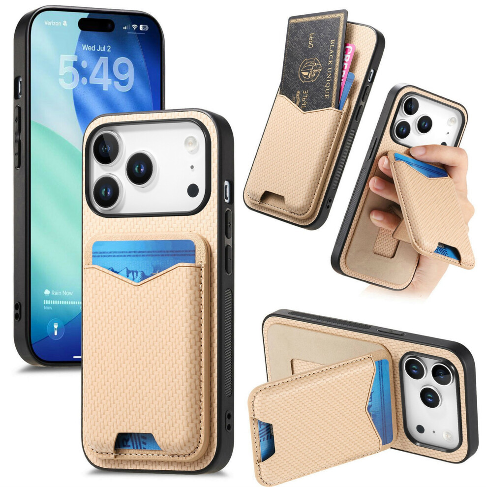 (Khaki) For Iphone 17 Pro Max Case Card Holder Kickstand Carbon Fiber Texture Back Cover 6914299442790