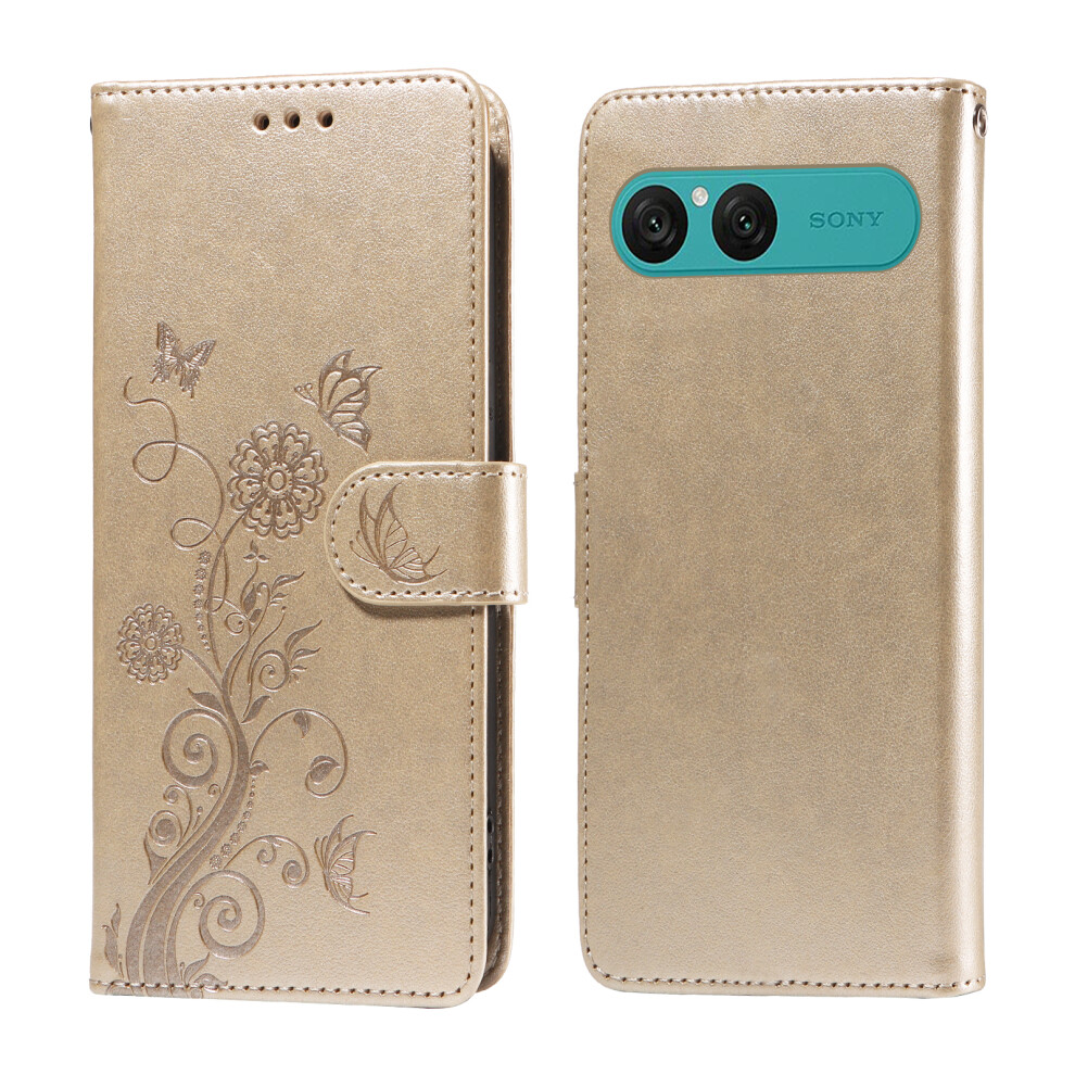 (Golden) For Sony Xperia 10 Vii Leather Case Butterfly Floral Imprint Wallet Stand Cover Golden 6914297551838