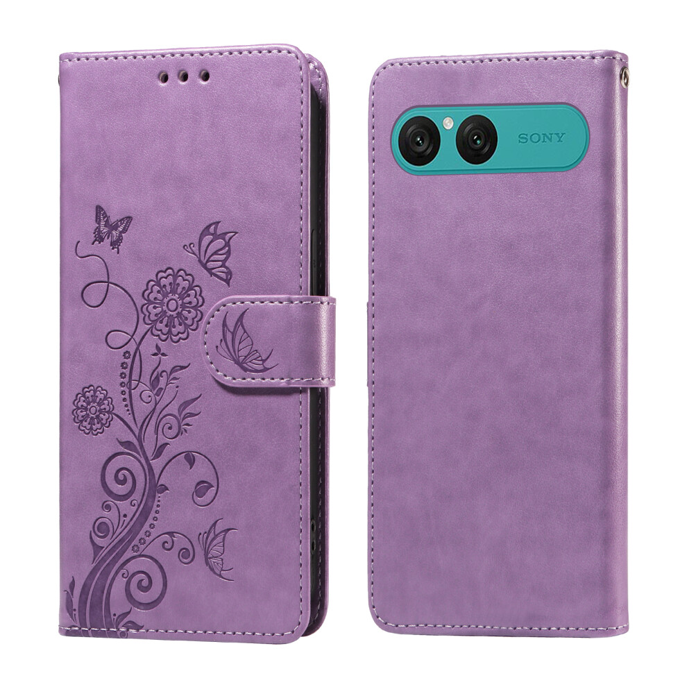 (Purple) For Sony Xperia 10 Vii Leather Case Butterfly Floral Imprint Wallet Stand Cover Purple 6914295341929