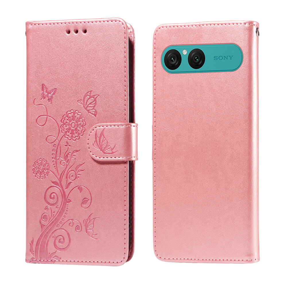 (Pink) For Sony Xperia 10 Vii Leather Case Butterfly Floral Imprint Wallet Stand Cover Pink 6914294646353