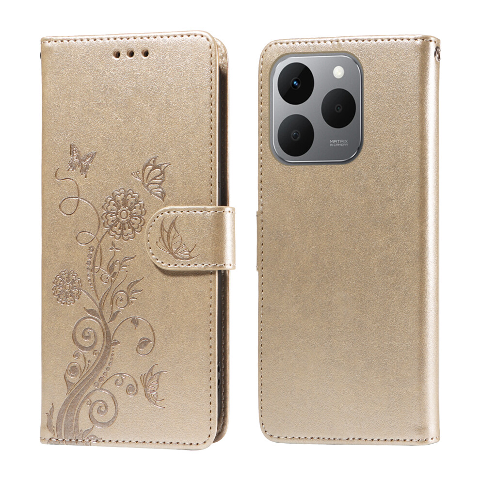 (Golden) For Realme 15T 5G Leather Case Butterfly Floral Imprint Wallet Stand Cover Golden 6914298373569