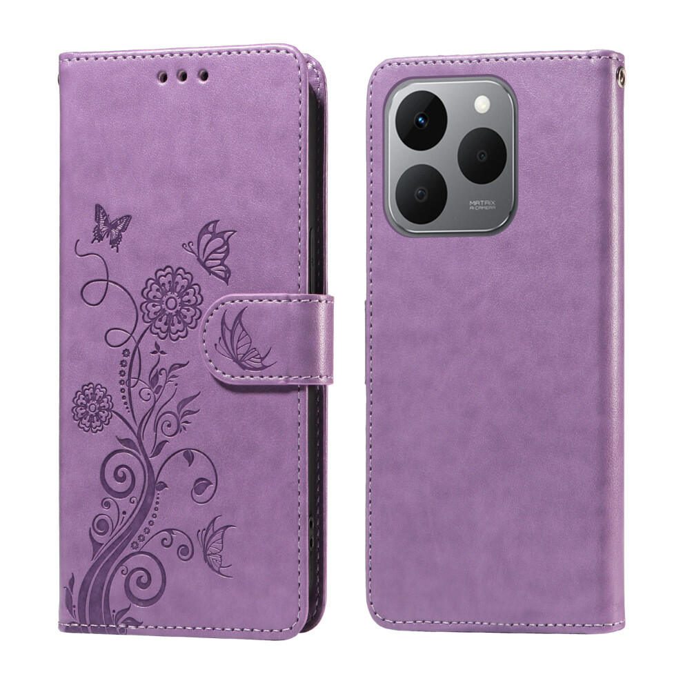 (Purple) For Realme 15T 5G Leather Case Butterfly Floral Imprint Wallet Stand Cover Purple 6914294637306