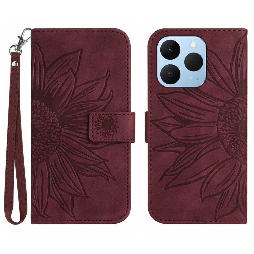 (Wine ) For Realme 15T 5G Case Sunflower Imprint Leather Wallet Phone Cover With Wrist Strap Red 6914299709336