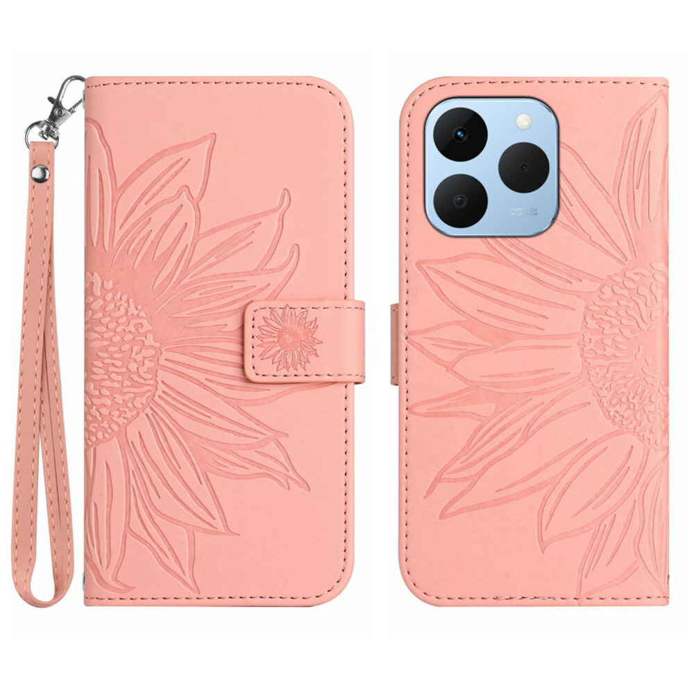 (Pink) For Realme 15T 5G Case Sunflower Imprint Leather Wallet Phone Cover With Wrist Strap Pink 6914290769179