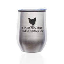 Verre à vin sans pied, tasse de voyage à café avec couvercle « J'adore les poulets » (Argent)