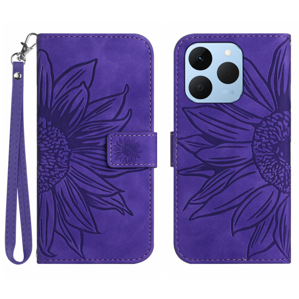 (Dark ) For Realme 15T 5G Case Sunflower Imprint Leather Wallet Phone Cover With Wrist Strap Purple 6914296635027