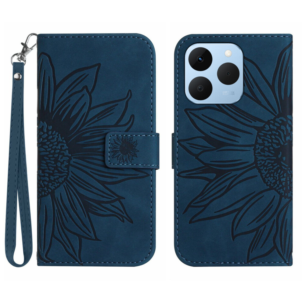 (Dark ) For Realme 15T 5G Case Sunflower Imprint Leather Wallet Phone Cover With Wrist Strap Blue 6914291817916