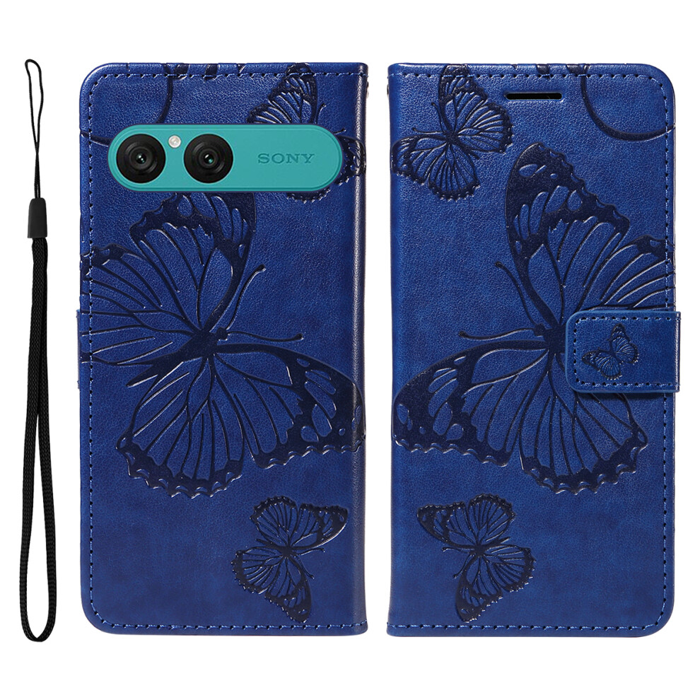 (Blue) For Sony Xperia 10 Vii Wallet Case Floral Butterfly Imprinted Leather Phone Cover Stand Blue 6914298353004