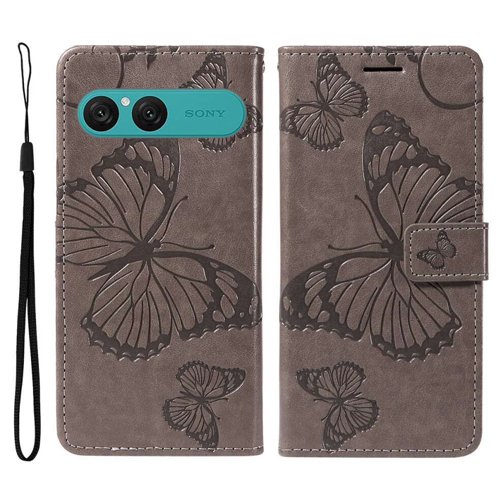 (Grey) For Sony Xperia 10 Vii Wallet Case Floral Butterfly Imprinted Leather Phone Cover Stand Grey 6914291165239
