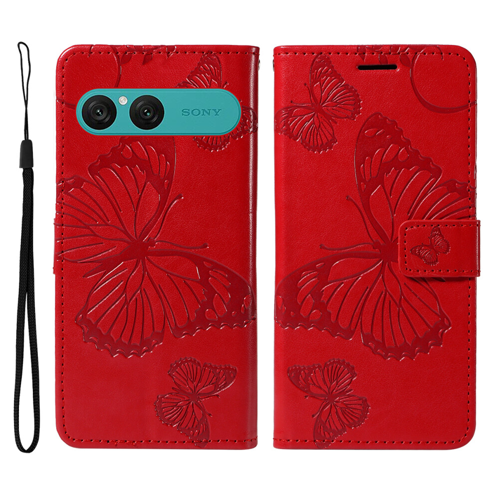 (Red) For Sony Xperia 10 Vii Wallet Case Floral Butterfly Imprinted Leather Phone Cover Stand Red 6914294444393