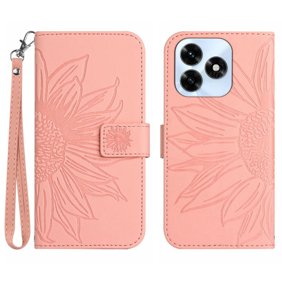 (Pink) For Honor X5c Plus 4G Case Sunflower Imprint Leather Wallet Phone Cover With Wrist Strap Pink 6914296412000
