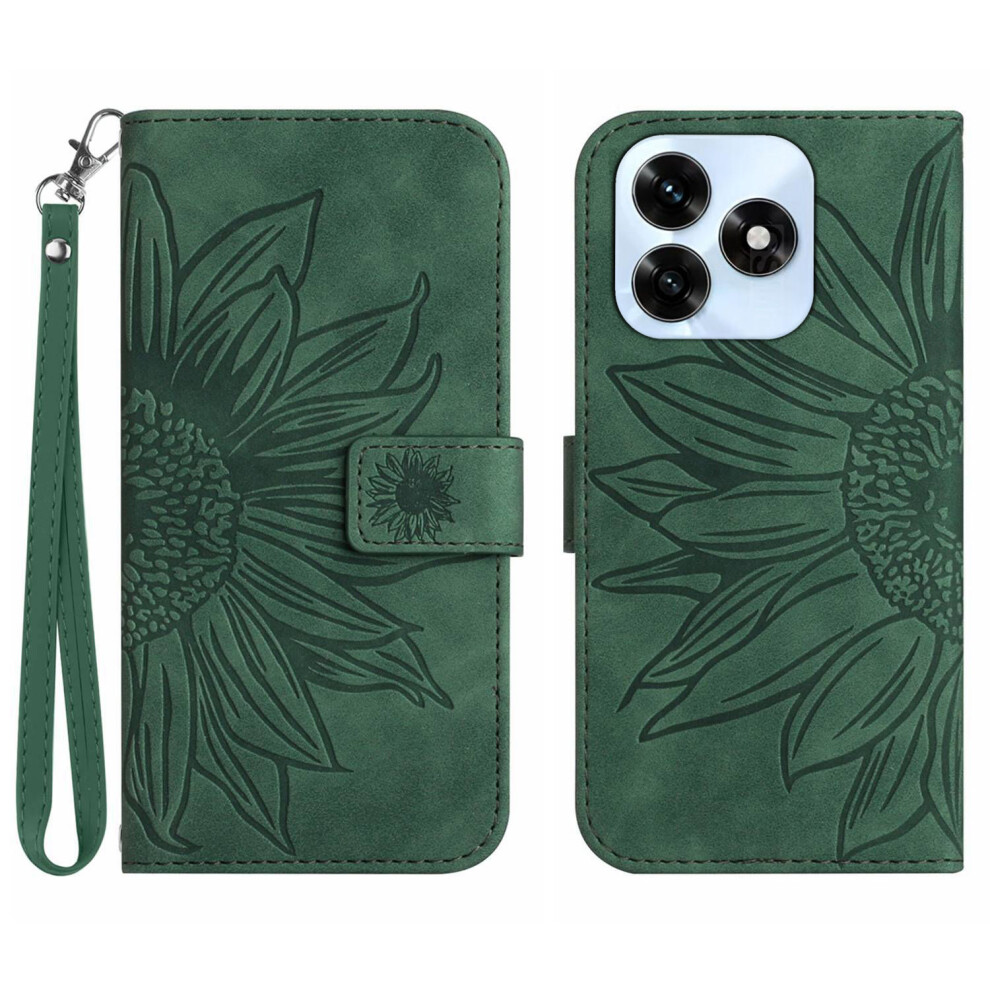 (Dark ) For Honor X5c Plus 4G Case Sunflower Imprint Leather Wallet Phone Cover With Wrist Strap Green 6914298024904