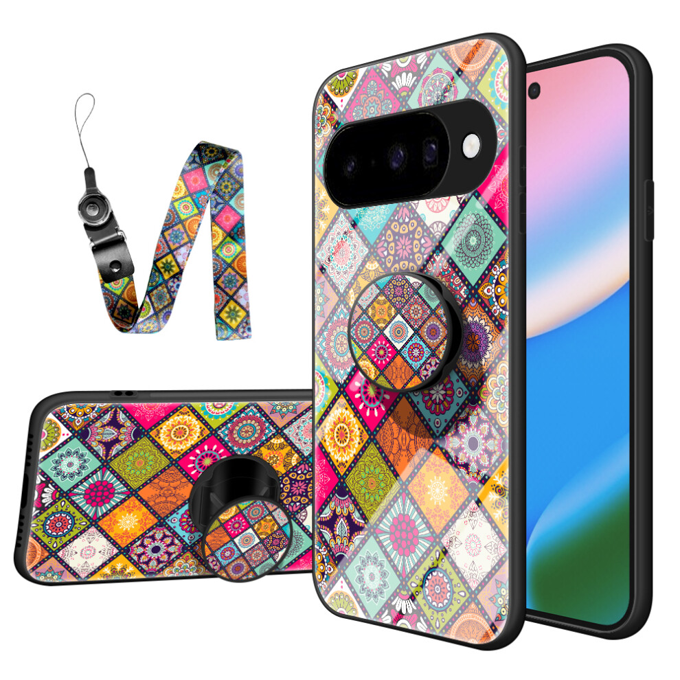 (Color Pattern) For Google Pixel 10 Case Kickstand Ethnic Pattern Tempered Glass Phone Cover With Strap 6914291655358