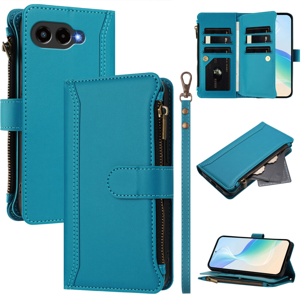 (Lake ) For T-Mobile T Phone 3 / T-Mobile Revvl 8 Leather Case 9 Card Slots Zipper Wallet Stand Phone Cover With Wrist Strap Blue 6914297264219