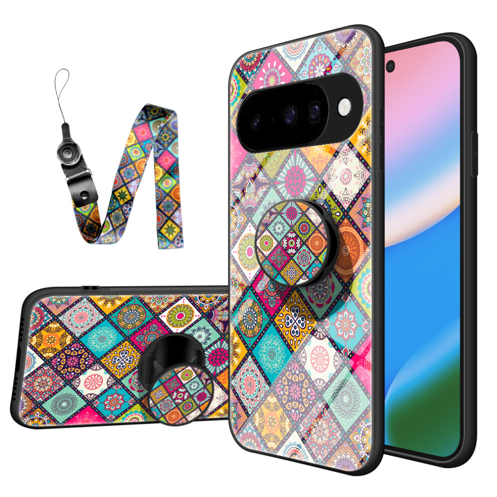 (Checkered Pattern) For Google Pixel 10 Case Kickstand Ethnic Pattern Tempered Glass Phone Cover With Strap 6914291951764