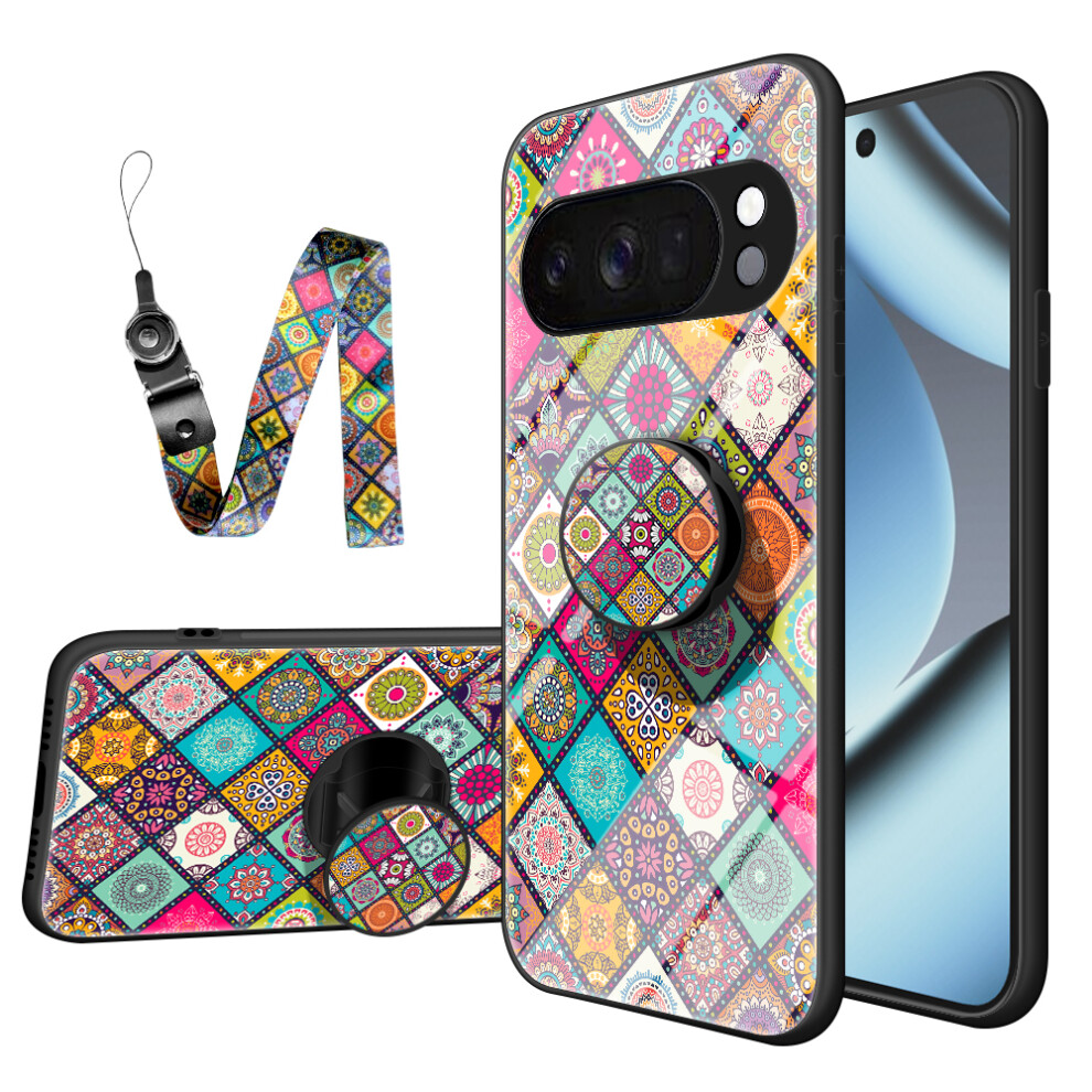 (Checkered Pattern) For Google Pixel 10 Pro Case Kickstand Ethnic Pattern Tempered Glass Phone Cover With Strap 6914298870006