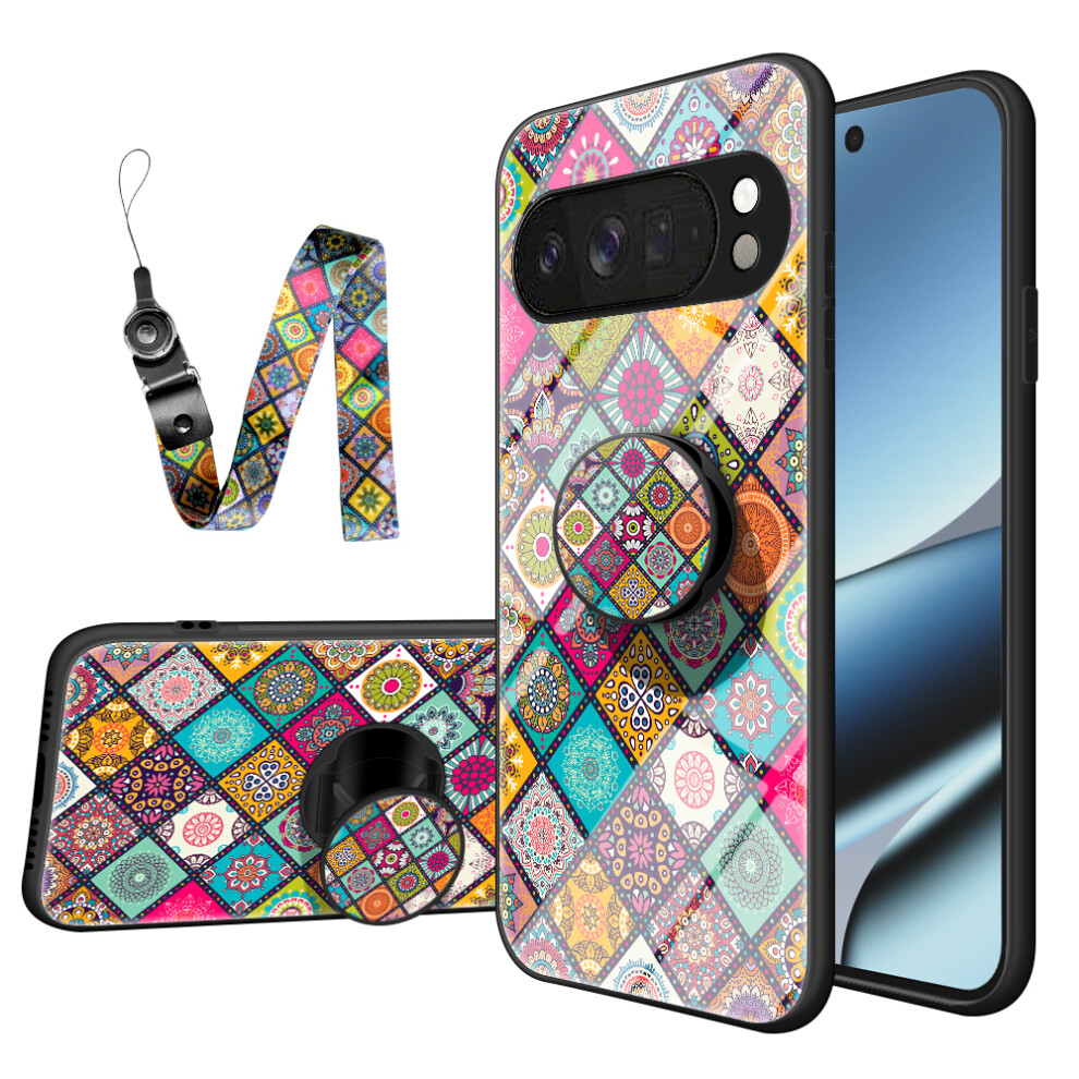 (Checkered Pattern) For Google Pixel 10 Pro Xl Case Kickstand Ethnic Pattern Tempered Glass Phone Cover With Strap 6914291615611