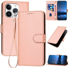Flip Case für iPhone 16 Pro, Carbonfaser-Oberfläche, mit Kartenfach und Aufstellfunktion, Premium-Leder mit abnehmbarer Handschlaufe