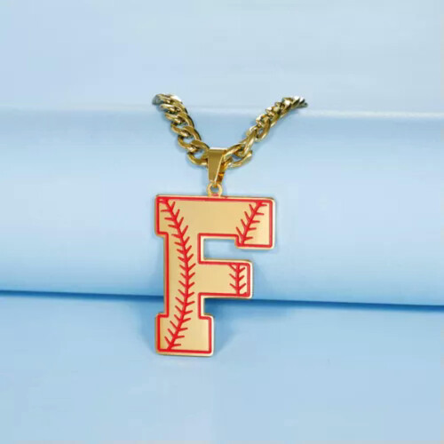 Baseball Initial Pendant Necklace Stainless Steel Gold 1