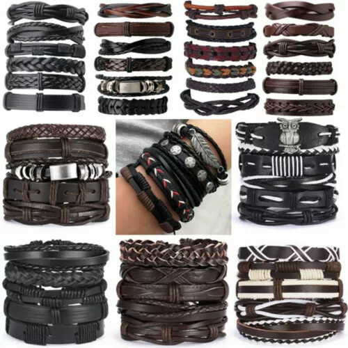 Punk Læderarmbånd Wrap Manchet til Mænd 4 stk. Sort 1
