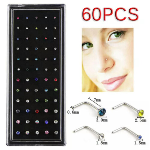 RSAMD60PCS Δαχτυλίδι μύτης με κρύσταλλο και στρας σε στυλ L, κόκαλο, τρυπώντας με 1