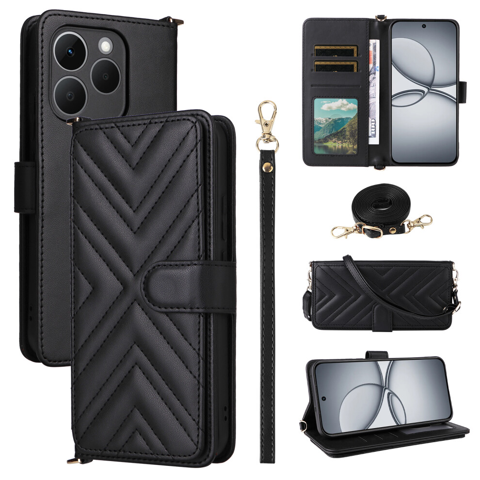 (Black) For Realme 15T 5G Case With Shoulder / Wrist Strap Leather Phone Cover Stand Wallet Black 6914293747099