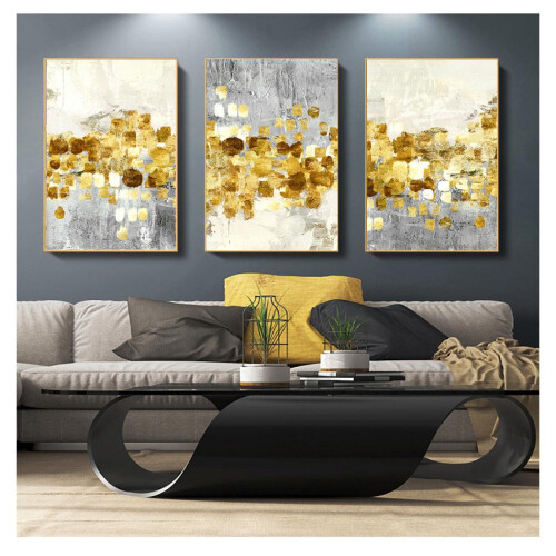 Pintura nórdica abstrata em tela com folha de ouro, 24x36 polegadas.