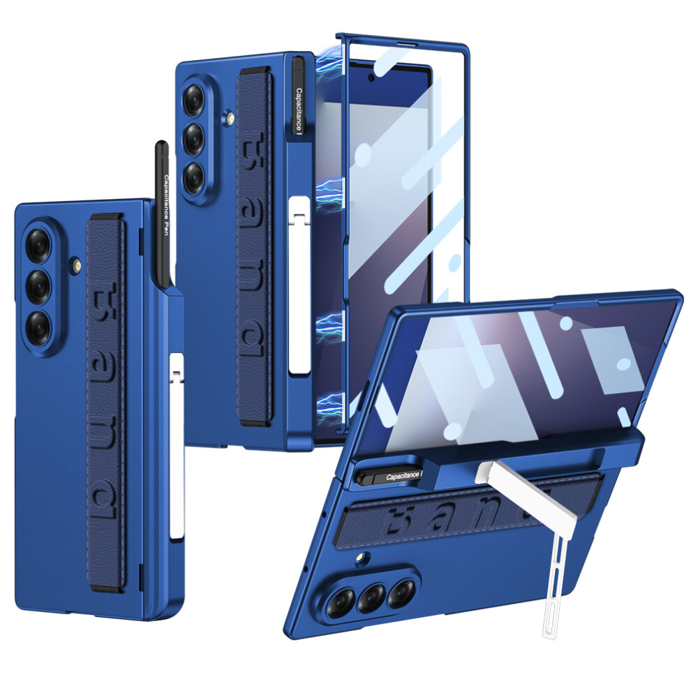 (Blue) Gkk For Samsung Galaxy Z Fold7 5G Case Magnetic Hinge Hard Pc Phone Case With Hand Strap / Tempered Glass Film Blue 6914291964498