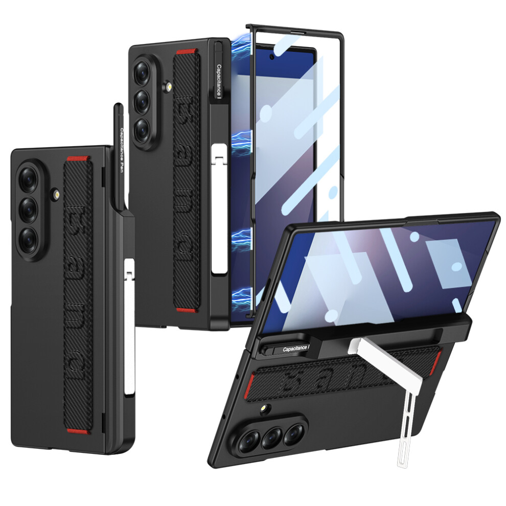 (Carbon Fiber Texture) Gkk For Samsung Galaxy Z Fold7 5G Case Magnetic Hinge Hard Pc Phone Case With Hand Strap / Tempered Glass Film 6914291880156