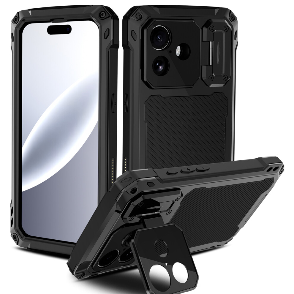 (Black) For Iphone 17 Case Aluminum Alloy + Silicone Lens Kickstand Phone Cover With Tempered Glass Film Black 6914296172669