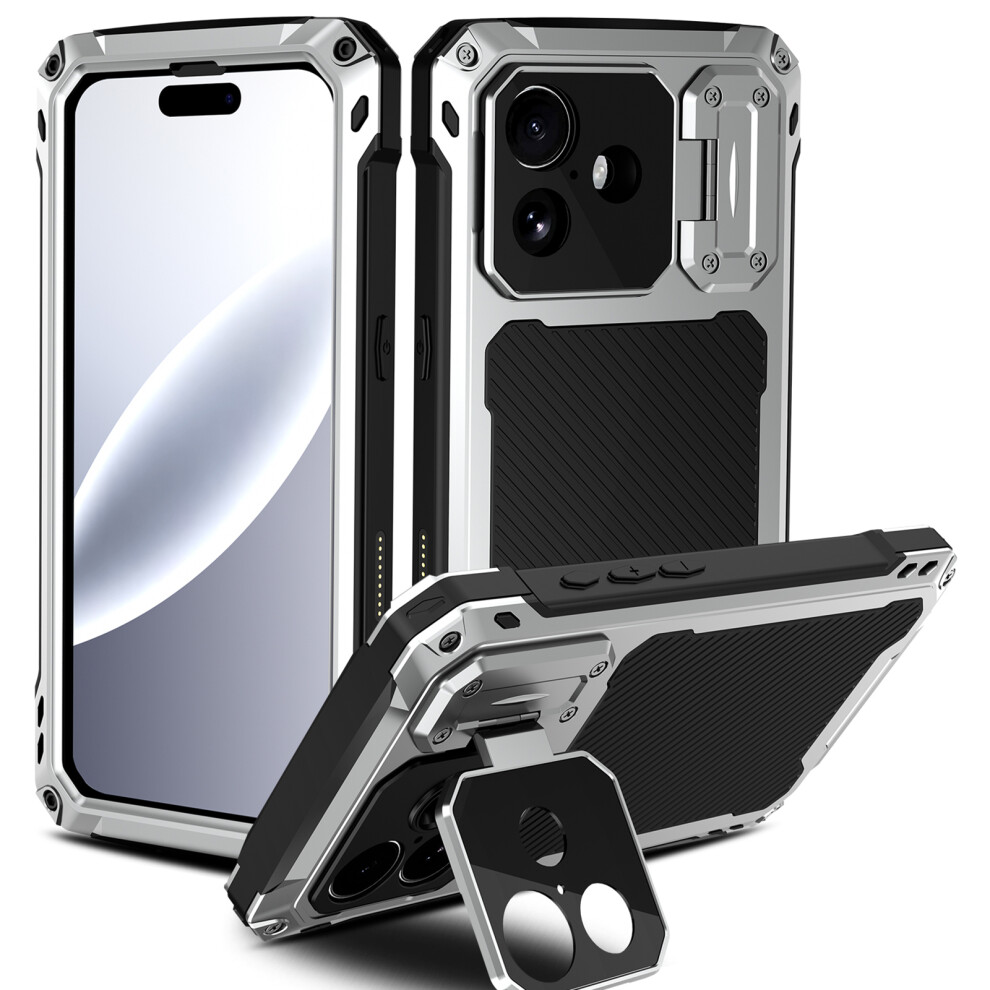 (Silver) For Iphone 17 Case Aluminum Alloy + Silicone Lens Kickstand Phone Cover With Tempered Glass Film Silver 6914295285636