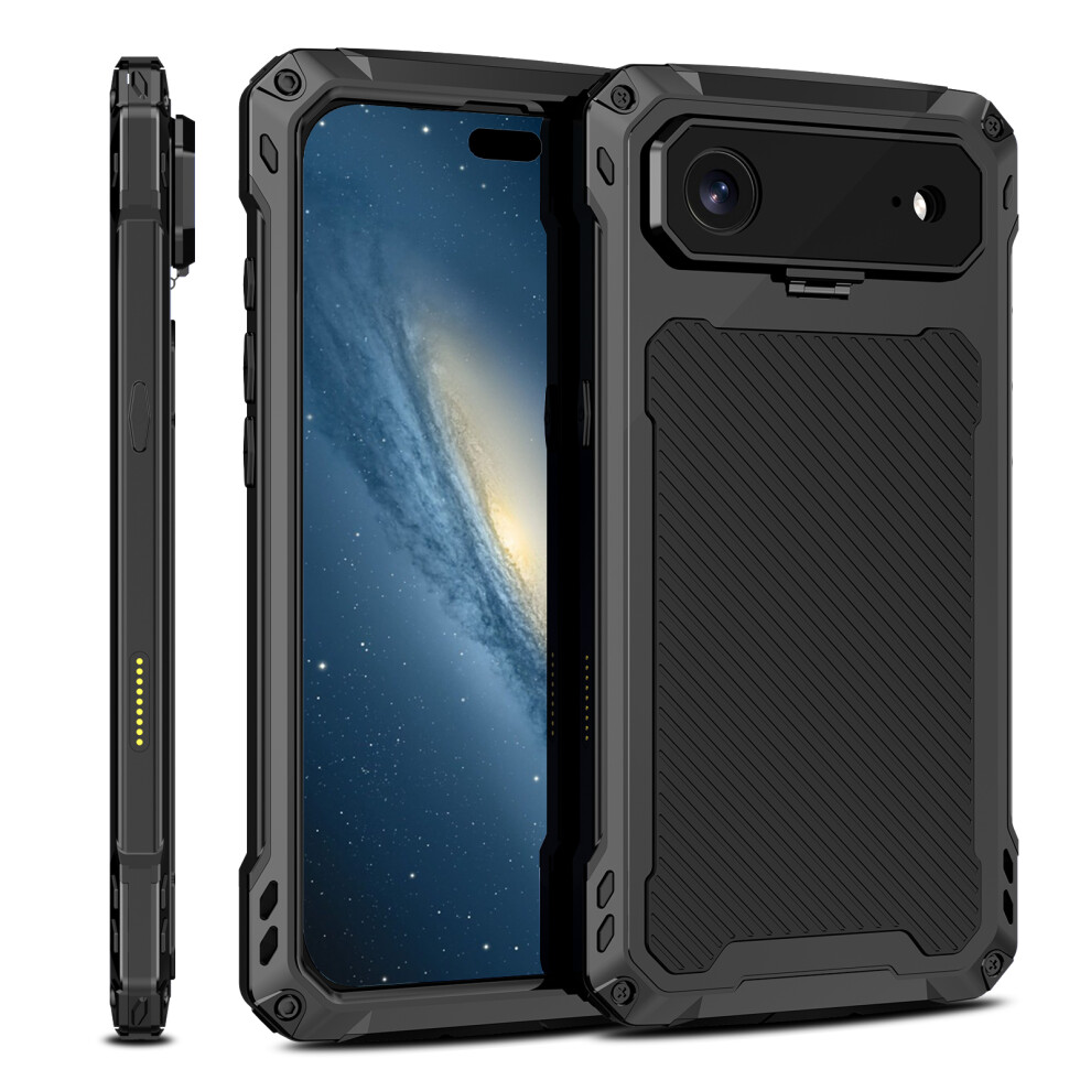 (Black) For Iphone Air Case Aluminum Alloy + Silicone Lens Kickstand Phone Cover With Tempered Glass Film Black 6914298046791