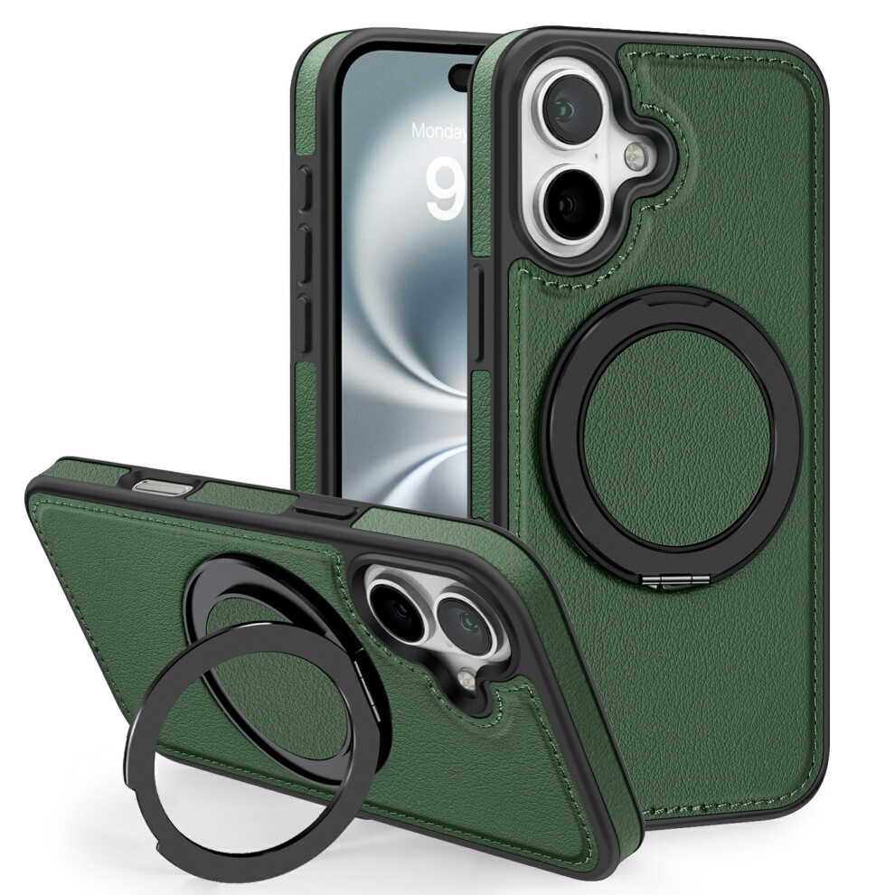 (Blackish ) For Iphone 17 Case With Ring Kickstand Compatible With Magsafe Pu Leather Back Cover Green 6914297319834