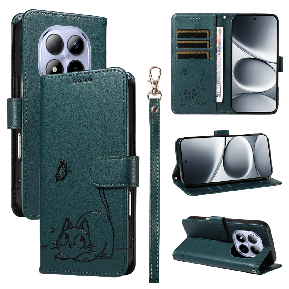 (Blue) For Xiaomi Redmi Note 15 Pro 5G (Global) Case Cat Pattern Imprint Leather Phone Cover With Wrist Strap Blue 6914293078650