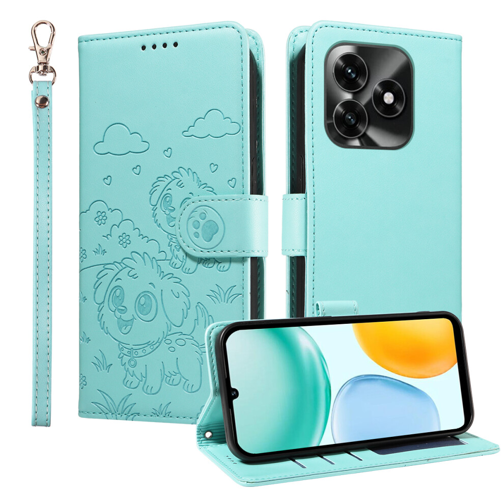 (Green) For Honor X5c Plus 4G Case Rfid Blocking Imprinted Dog Pattern Pu Leather Phone Cover With Wrist Strap Green 6914295225045