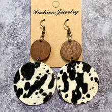 Retro Brown Wood and Cowhide Leather Round Earrings