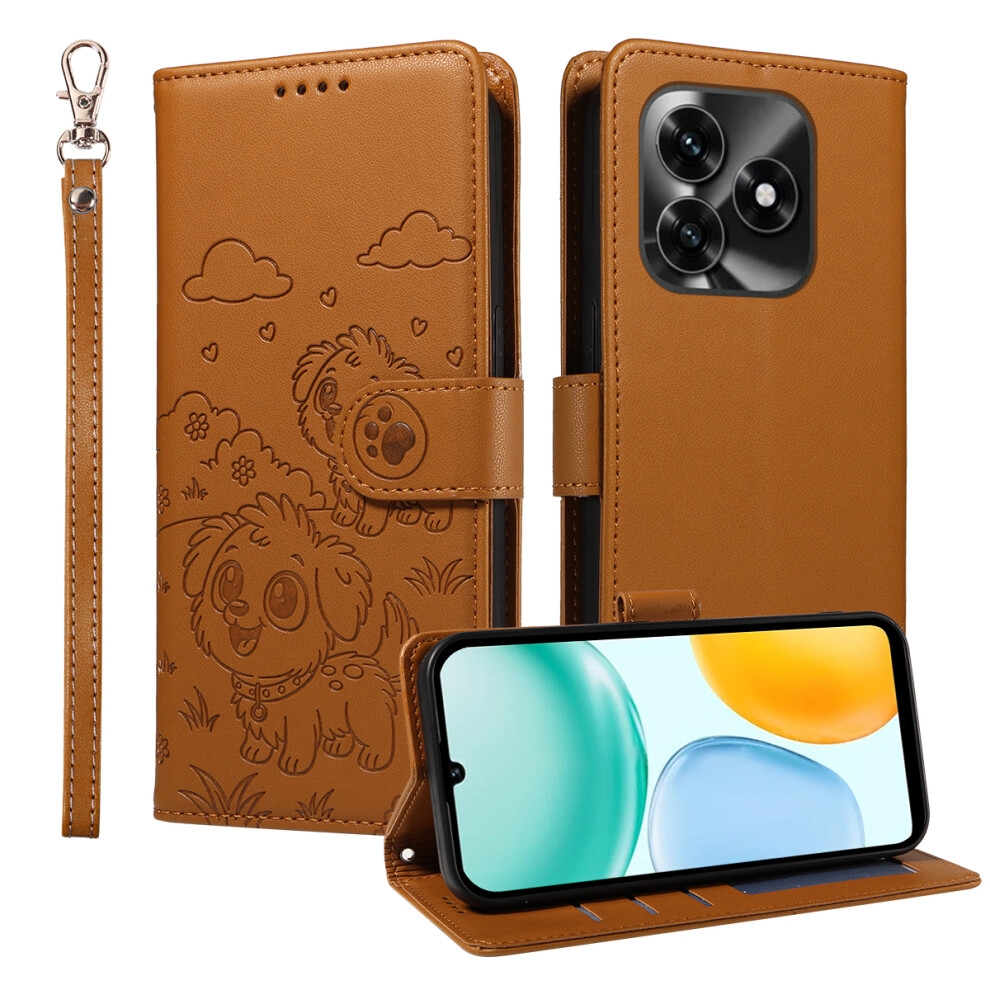 (Brown) For Honor X5c Plus 4G Case Rfid Blocking Imprinted Dog Pattern Pu Leather Phone Cover With Wrist Strap Brown 6914298095126