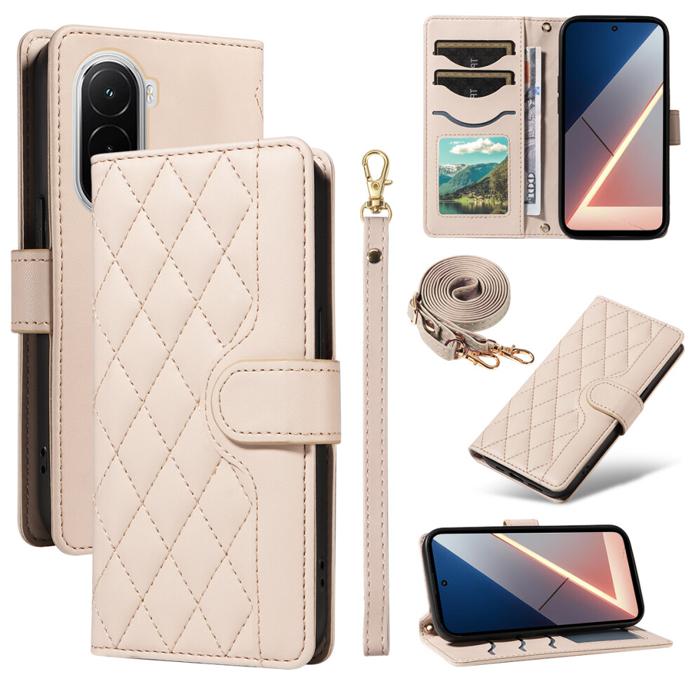 (Apricot) For Xiaomi Poco M7 4G (169Mm) Wallet Case Rhombus Leather Phone Cover With Strap 6914295895996
