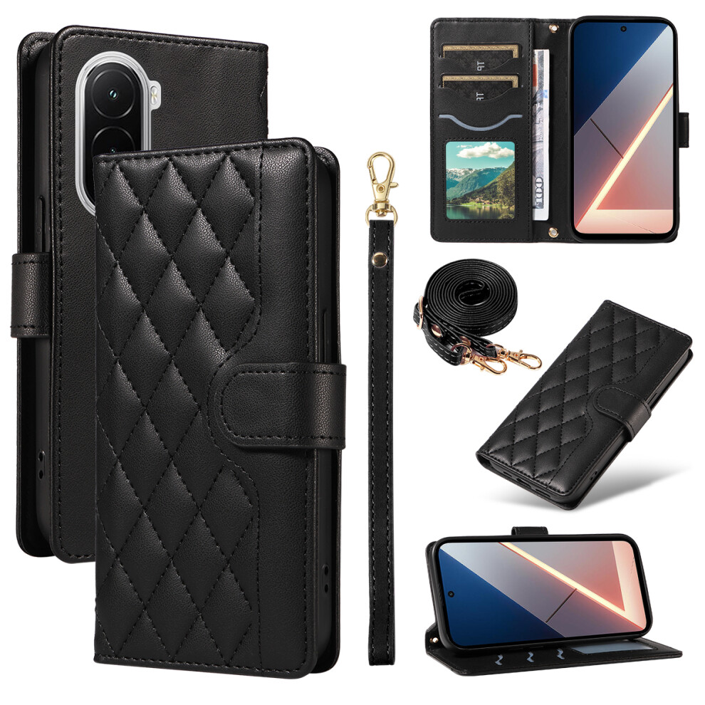 (Black) For Xiaomi Poco M7 4G (169Mm) Wallet Case Rhombus Leather Phone Cover With Strap Black 6914296299403