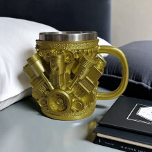 Stainless Steel Car Mug with V8V6 Engine Design 12 oz Gold