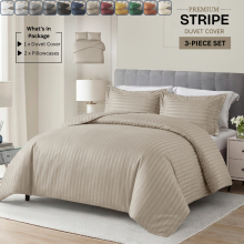 (Single, Beige) Premium Stripe Duvet Cover Set & Pillowcase Pair